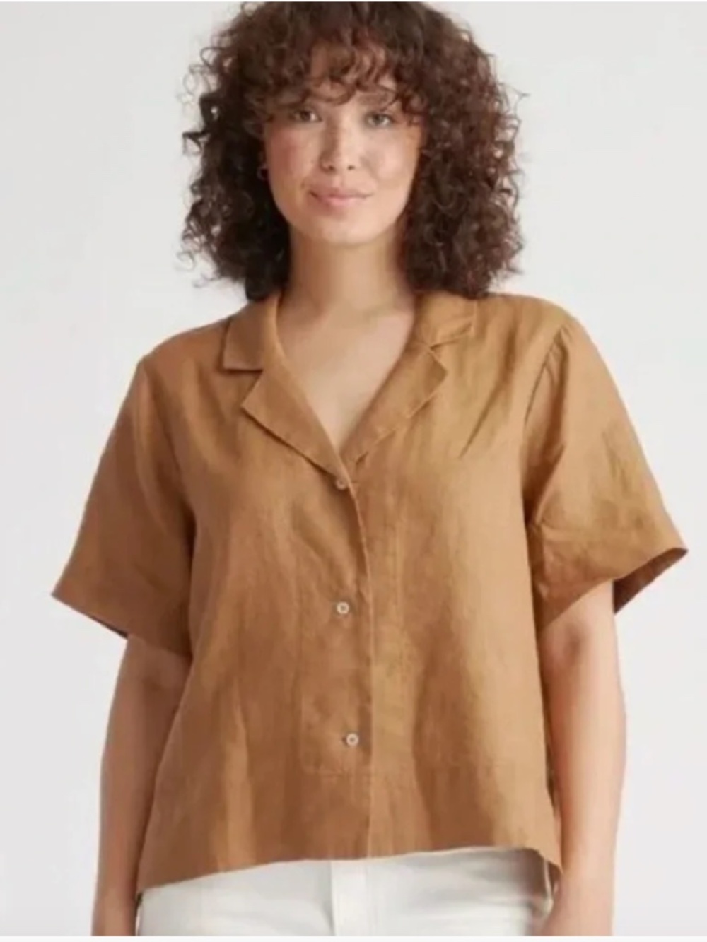Quince 100% European Linen Short Sleeve Button Up Top Terracotta L